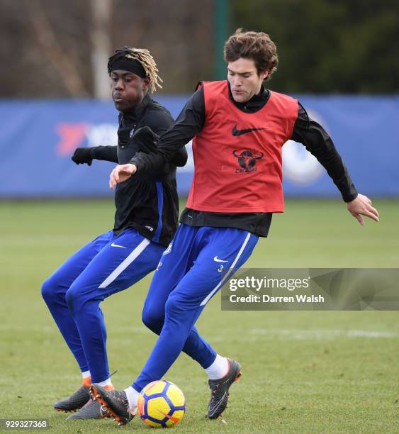 Marcos Alonso and Trevoh Chalobah of Chelsea during a training session at Chelsea Training Ground on March 8, 2018 in Cobham, England.