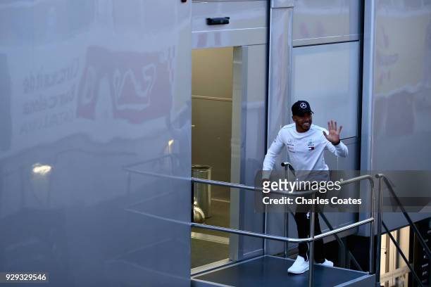 Lewis Hamilton of Great Britain and Mercedes GP walks in the Paddock during day three of F1 Winter Testing at Circuit de Catalunya on March 8, 2018...