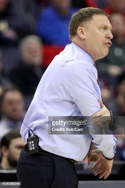 Head coach Mike Rhoades of the Virginia Commonwealth Rams reacts to a call against the Dayton Flyers during the second round of the Atlantic 10...