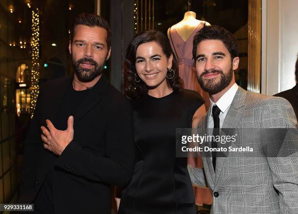 Ricky Martin, Camilla Belle, and Darren Criss attend Giorgio Armani's celebration of 'The Shape of Water' hosted by Roberta Armani on March 3, 2018...
