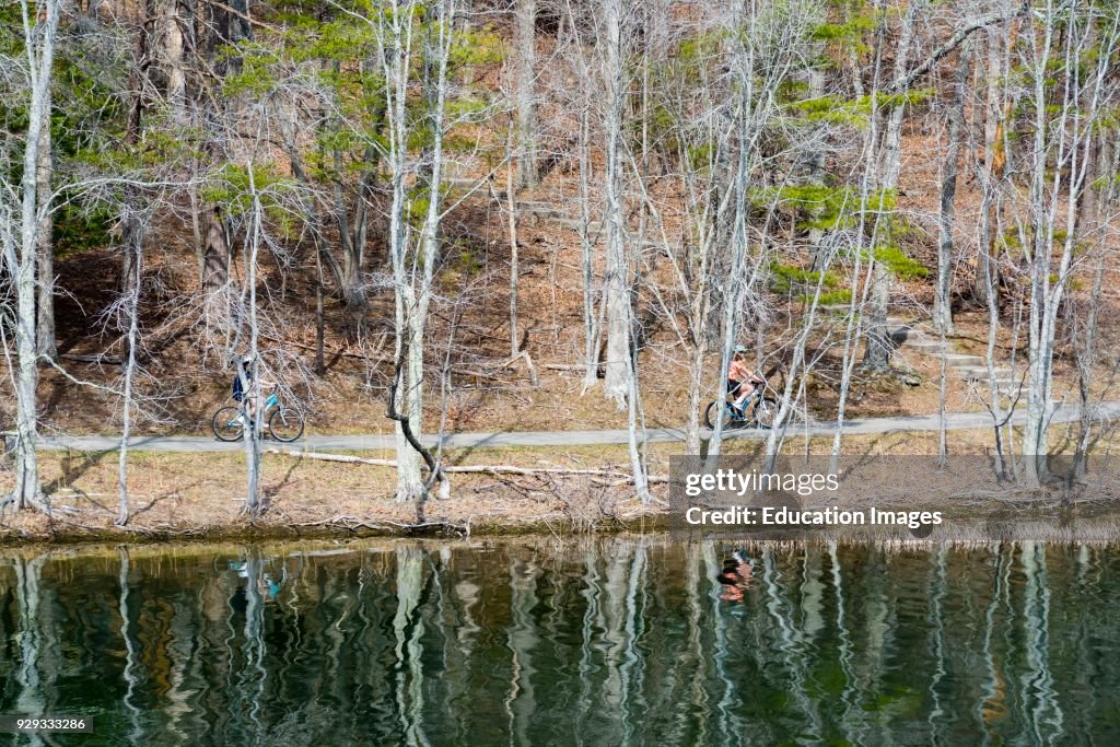 Bicycling on lake side trail at Fall Creek Falls State Park in Tennessee