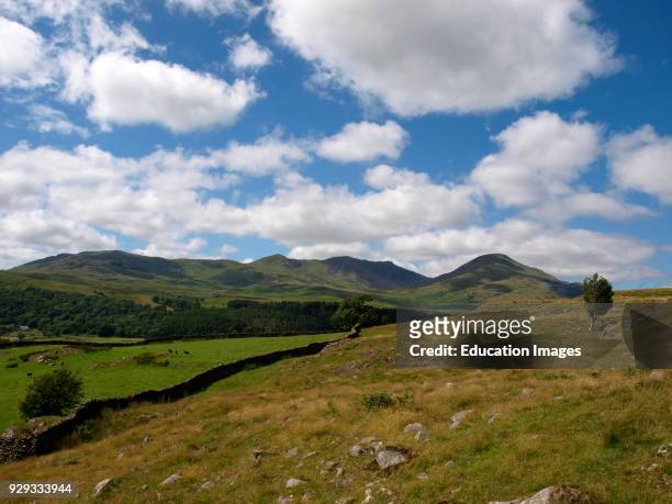 View of The Lake District with the hills around Coniston in the distance, Cumbria, UK.