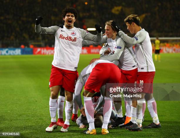 Andre Ramalho of Red Bull Salzburg and team mates celebrate as Valon Berisha of Red Bull Salzburg scores their second goal during the UEFA Europa...