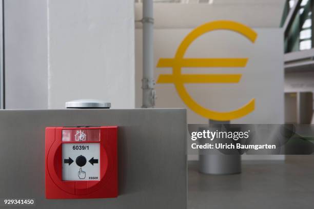 Inside view of headquarters of the European Central Bank in Frankfurt. The picture shows a fire detector and the ECB logo.