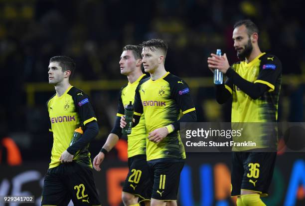 Christian Pulisic, Maximilian Philipp, Marco Reus and Omer Toprak of Borussia Dortmund look dejected in defeat after the UEFA Europa League Round of...