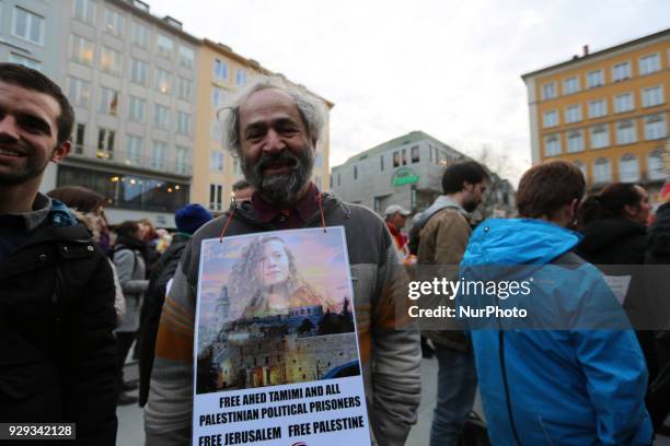 Protestor showing solidarity with Palestine and Ahed Tamini. Some 400-500 people joined the feminist protest at the International Women's Day. The...