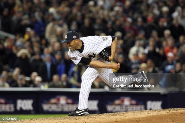 Mariano Rivera of the New York Yankees throws a pitch against the Philadelphia Phillies in Game Six of the 2009 MLB World Series at Yankee Stadium on...