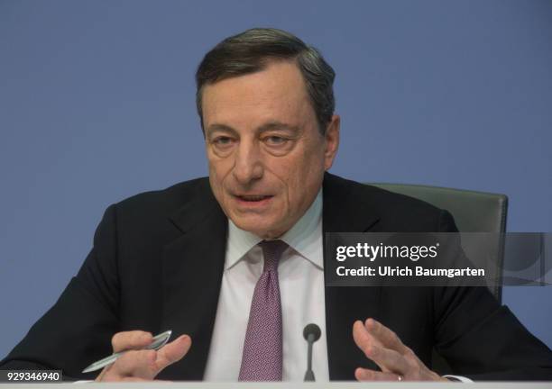 Press Conference of the European Central Bank in Frankfurt. Mario Draghi, President of the European Central Bank, during the press conference.