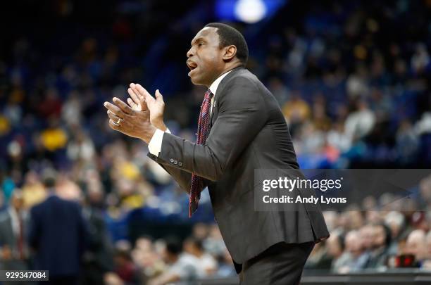 Avery Johnson the head coach of the Alabama Crimson Tide gives instructions to his team against the Texas A&M Aggies during the second round of the...