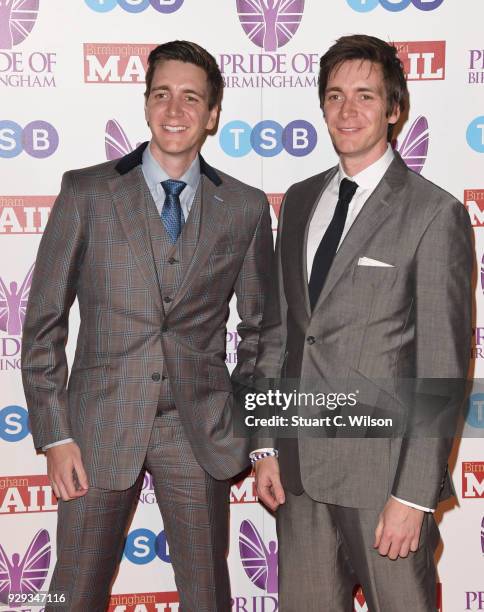 James Phelps and Oliver Phelps attend the Pride Of Birmingham Awards 2018 at University of Birmingham on March 8, 2018 in Birmingham, England.