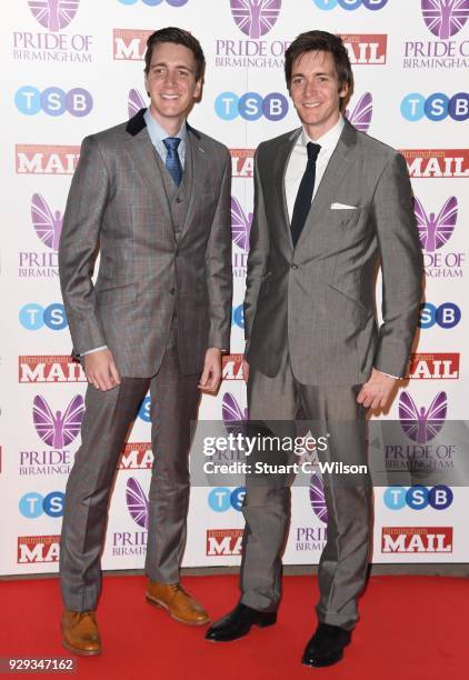 James Phelps and Oliver Phelps attend the Pride Of Birmingham Awards 2018 at University of Birmingham on March 8, 2018 in Birmingham, England.