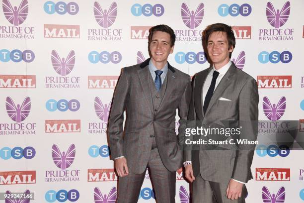 James Phelps and Oliver Phelps attend the Pride Of Birmingham Awards 2018 at University of Birmingham on March 8, 2018 in Birmingham, England.