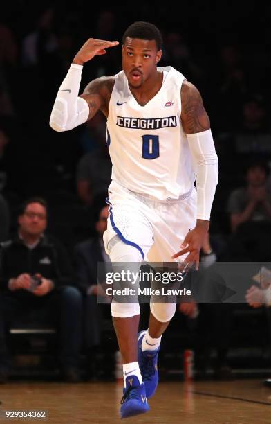 Marcus Foster of the Creighton Bluejays reacts after a basket in the first half against the Providence Friars during the Big East basketball...