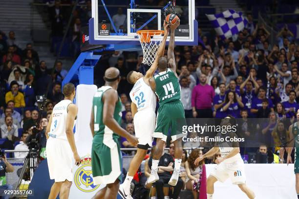 Walter Tavares, #22 of Real Madrid competes with James Gist, #14 of Panathinaikos Superfoods Athens during the 2017/2018 Turkish Airlines EuroLeague...