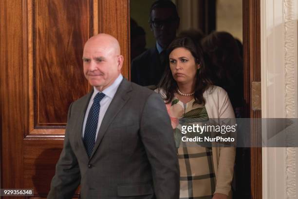 National Security Advisor H. R. McMaster, and White House Press Secretary Sarah Huckabee Sanders, enter the room for the joint press conference of...
