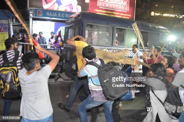 Jadavpur University SFI Supporters agitation and SFI USDF VS BHARM Political Clash in Kolkata, India, on 8 March 2018.The protest against bust...