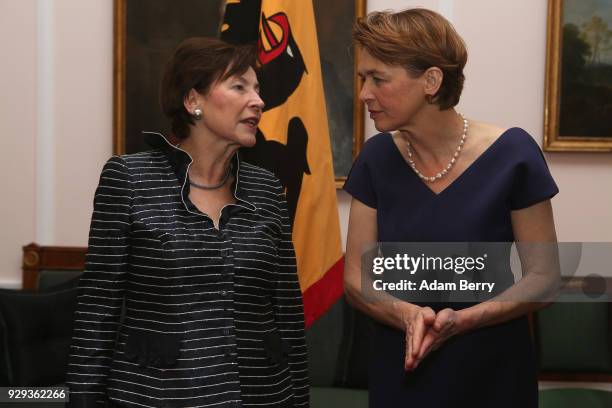 Former German President Horst Koehler's wife Eva Luise Koehler and German President Frank-Walter Steinmeier's wife Elke Buedenbender attends a dinner...