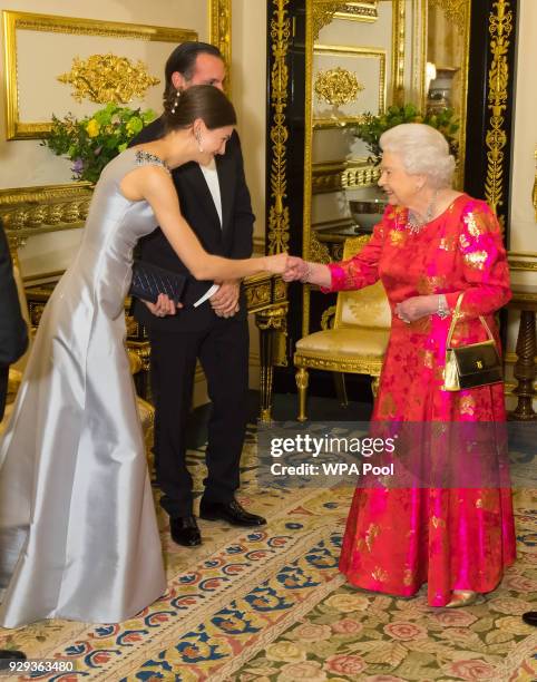 Queen Elizabeth II meets Princess Salwa Aga Khan prior to dinner at Windsor Castle on March 8, 2018 in Windsor, England. Queen Elizabeth II is...