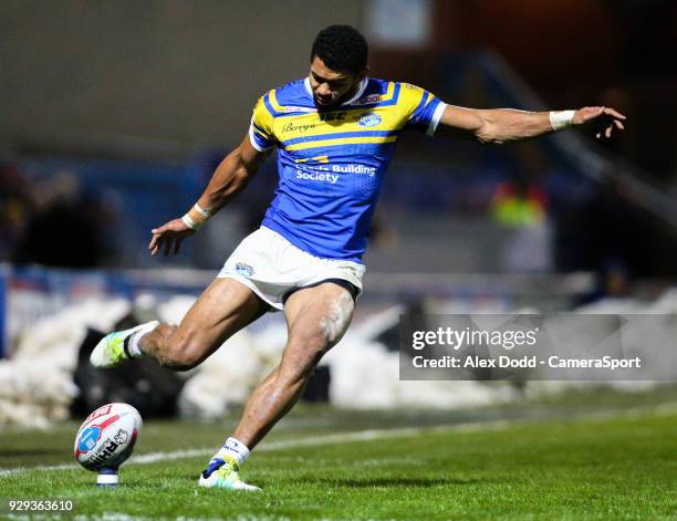 Leeds Rhinos' Kallum Watkins kicks at goal during the Betfred Super League Round 5 match between Leeds Rhinos and Hull FC at Headingley Carnegie...