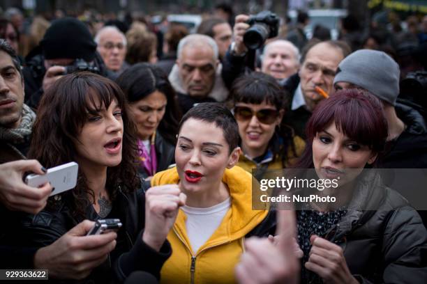 Actresses Rose Mc Gowan Asia Argento And Miriana Trevisan who spoke out against Hollywood tycoon Harvey Weinstein in the sex abuse scandal that...