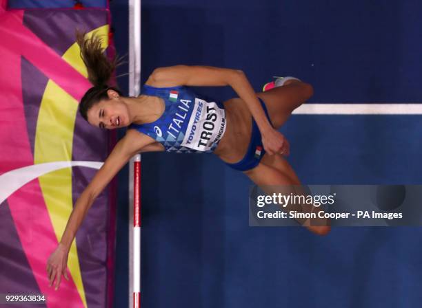 Italy's Alessia Trost in action during the Women's High Jump during day one of the 2018 IAAF Indoor World Championships at The Arena Birmingham,...