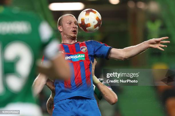 Plzen's forward Michael Krmencik of Czech Republic in action during the UEFA Europa League round of 16 1st leg football match Sporting CP vs Viktoria...