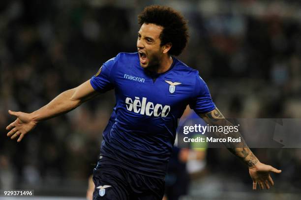 Felipe Anderson of SS Lazio celebrate a second goal during UEFA Europa League Round of 16 match between Lazio and Dynamo Kiev at the Stadio Olimpico...