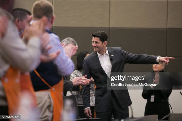 Home Depot employees applaud for House Speaker Paul Ryan visiting The Home Depot Store Support Center on March 8, 2018 in Atlanta, Georgia. Ryan...