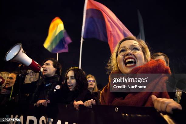 Feminist yells during a International Womens Strike in Warsaw on March 8, 2018
