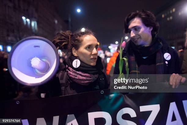 Activists during a International Womens Strike in Warsaw on March 8, 2018