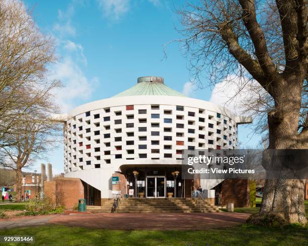 Exterior view of chapel rotunda. University of Sussex, Brighton and Hove, United Kingdom. Architect: Sir Basil Spence, 1971.