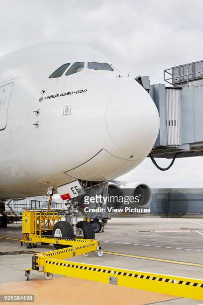 Airbus linked to gangway. Manchester Airport, Manchester, United Kingdom. Architect: n/a, 2015.