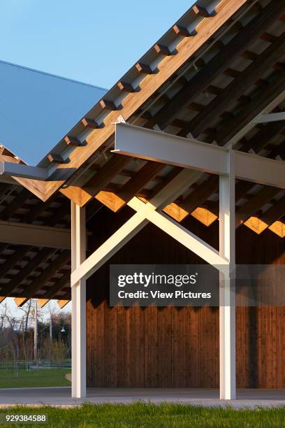 Parrish Art Museum, Water Mill, United States. Architect: Herzog & de Meuron, 2012. Timber and truss detail of eaves.