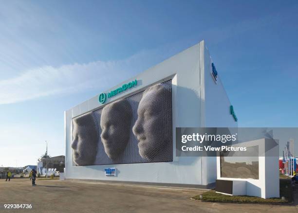 MegaFon, Sochi Winter Olympics 2014, Sochi, Russia. Architect: Asif Khan, 2014. Pavilion perspective with MegaFaces on Olympic Park grounds.