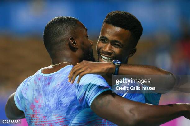 Anaso Jobodwana of South Africa is congratulated by Justin Gatlin of United States in the Men's 150 metre during the 2018 Liquid Telecom Athletix...