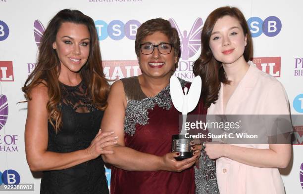Special Recognition award winner Linda Sandhar-Haynes poses with Michelle Heaton and Claudia Jessie in the winner's room at the Pride Of Birmingham...