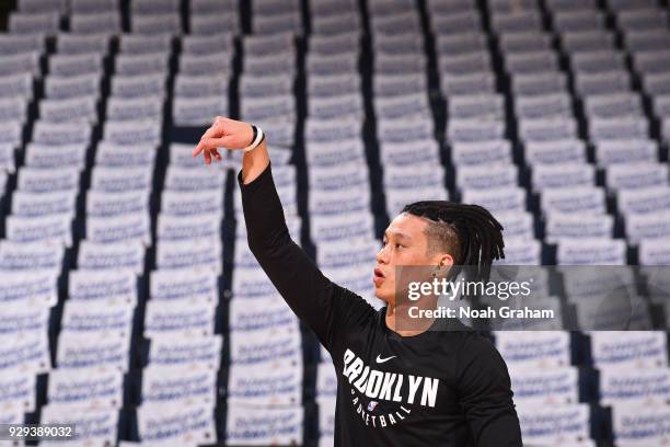 Jeremy Lin of the Brooklyn Nets warms up before the game against the Golden State Warriors on March 6, 2018 at ORACLE Arena in Oakland, California....