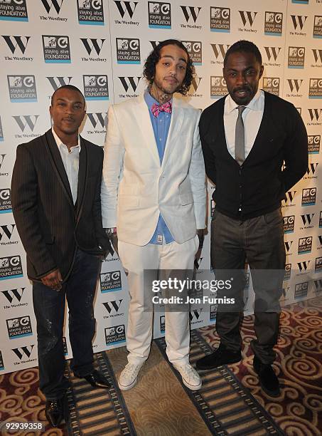 Ashley Walters, Travis McCoy and Idris Elba attends the MTV Staying Alive Foundation launch party for documentary 'Travis McCoy's Unbeaten track' and...