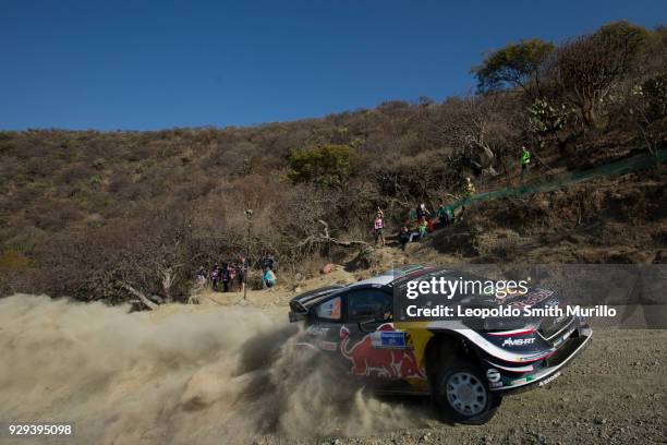 Elfyn Evans and Daniel Barritt of Great Britain and M-Sport Ford World Rally Team compete in a Ford Fiesta WRC during the Shakedown as a part of Day...