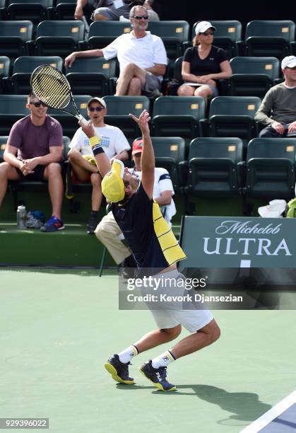 Horacio Zeballos of Argentina celebrates after defeating Yuichi Sugita of Japan during Day 4 of the BNP Paribas Open on March 8, 2018 in Indian...