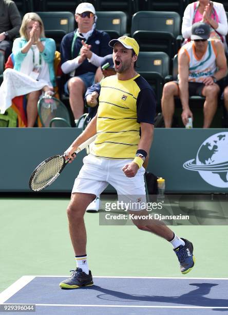 Horacio Zeballos of Argentina celebrates after defeating Yuichi Sugita of Japan during Day 4 of the BNP Paribas Open on March 8, 2018 in Indian...
