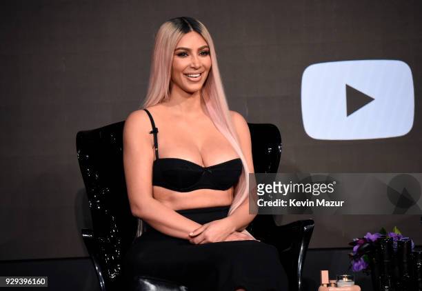 Kim Kardashian West speaks onstage at MDNA SKIN hosts Madonna and Kim Kardashian West for a beauty conversation at YouTube Space LA on March 6, 2018...