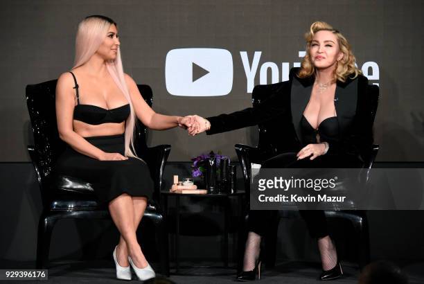 Kim Kardashian West and Madonna speak onstage at MDNA SKIN hosts Madonna and Kim Kardashian West for a beauty conversation at YouTube Space LA on...