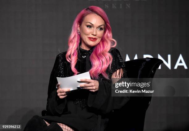 Kandee Johnson speaks onstage at MDNA SKIN hosts Madonna and Kim Kardashian West for a beauty conversation at YouTube Space LA on March 6, 2018 in...