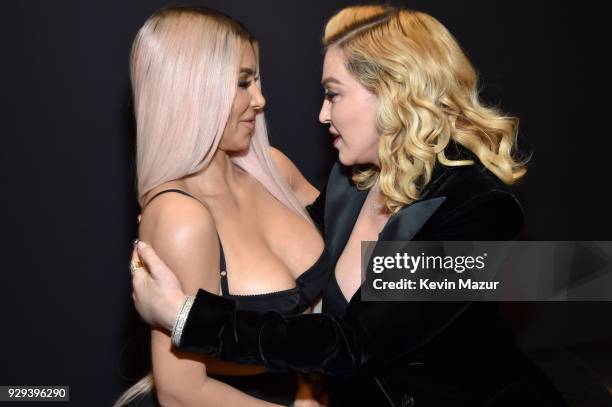 Kim Kardashian west and Madonna backstage at MDNA SKIN hosts Madonna and Kim Kardashian West for a beauty conversation at YouTube Space LA on March...