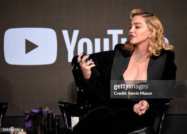 Madonna onstage at MDNA SKIN hosts Madonna and Kim Kardashian West for a beauty conversation at YouTube Space LA on March 6, 2018 in Los Angeles,...