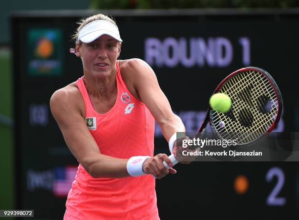 Yanina Wickmayer of Belgium returns against Kayla Day of the United States during Day 4 of the BNP Paribas Open on March 8, 2018 in Indian Wells,...