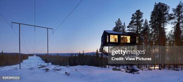 Evening panorama. Treehotel, Harads, Sweden. Architect: various, 2016.