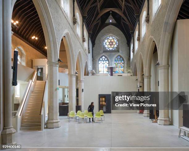 Ground floor with aisles and new stairway. Garden Museum Lambeth Palace, London, United Kingdom. Architect: Dow Jones Architects, 2017.