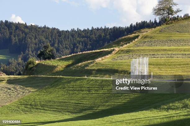 Fujimoto's slender structure in landscape. Project:BUS:STOP in Krumbach, Austria, Bränden, Austria. Architect: Sou Fujimoto, 2014.